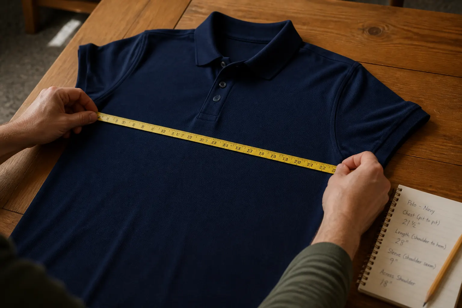Hands measuring the chest of a navy polo with a cloth tape measure, notebook of handwritten measurements beside it.